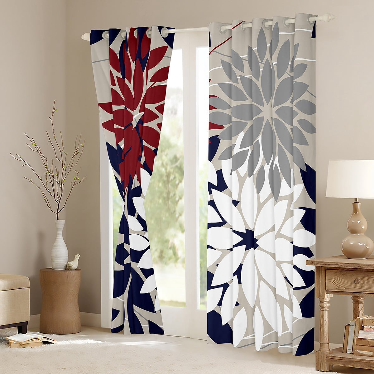 Manfei Flower Floral Curtains Pack of 2 (38x45),Boho Dahlia Black Out Curtains,Blue Gray White Curtains for Living Room,Ultra Soft Bedroom Decoration