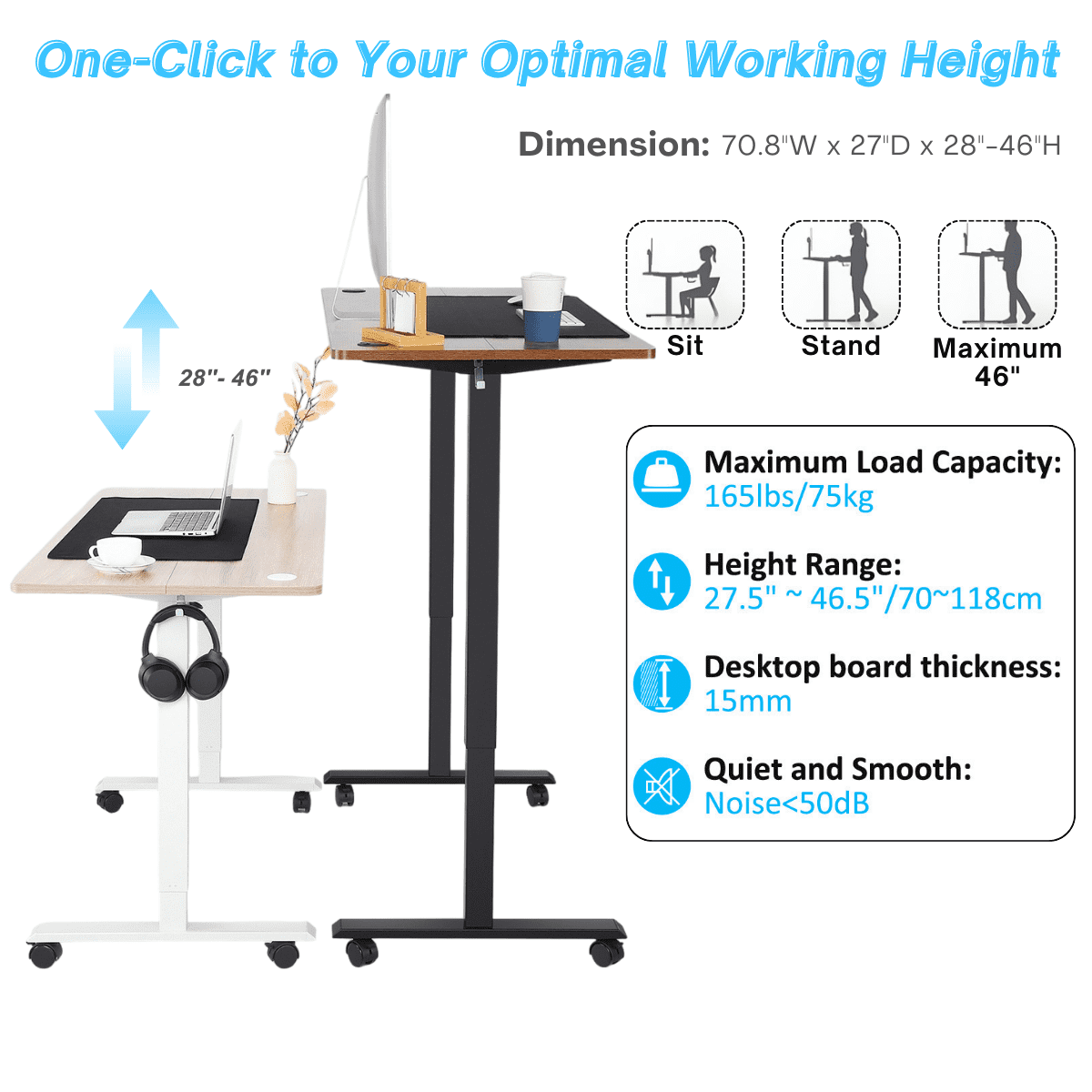 Legooin 70"W Extra Wide Sit-Stand Desk Mobile Gaming Table with USB Port for Home Office, Oak