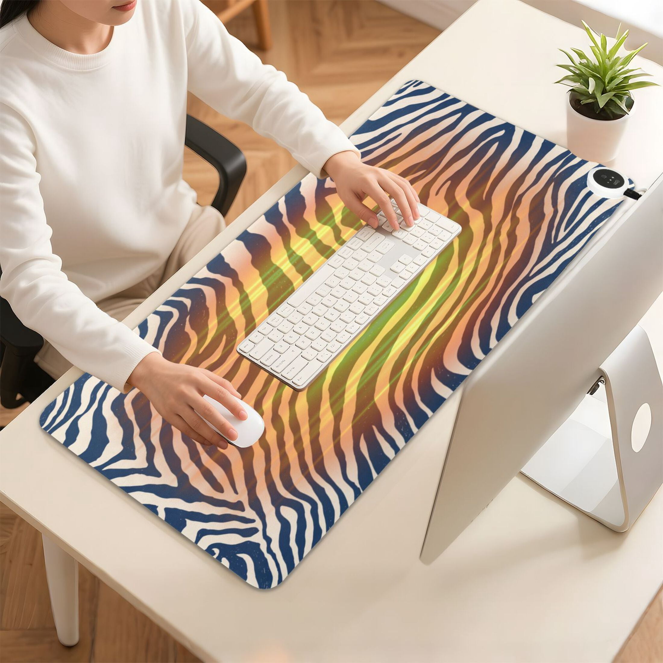 Large Heated Desk Mat Mouse Pad 31.5"x13"PU Leather Graphene Heating Desk Warmer with 3 Temperature Settings 110V US Plug Non-Slip Warm Pad for Home, Office, and Gaming Digital Blue Zebra Stripes