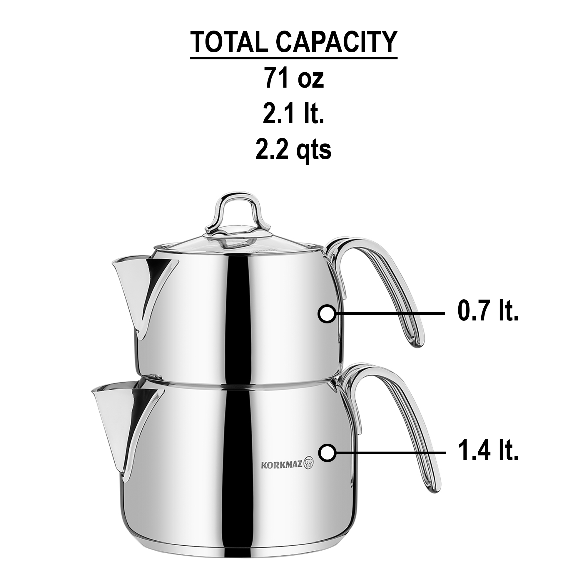 Korkmaz Perla Maxi Stainless Steel 1.2 Liter Tea Pot and 2 Liter Kettle Set