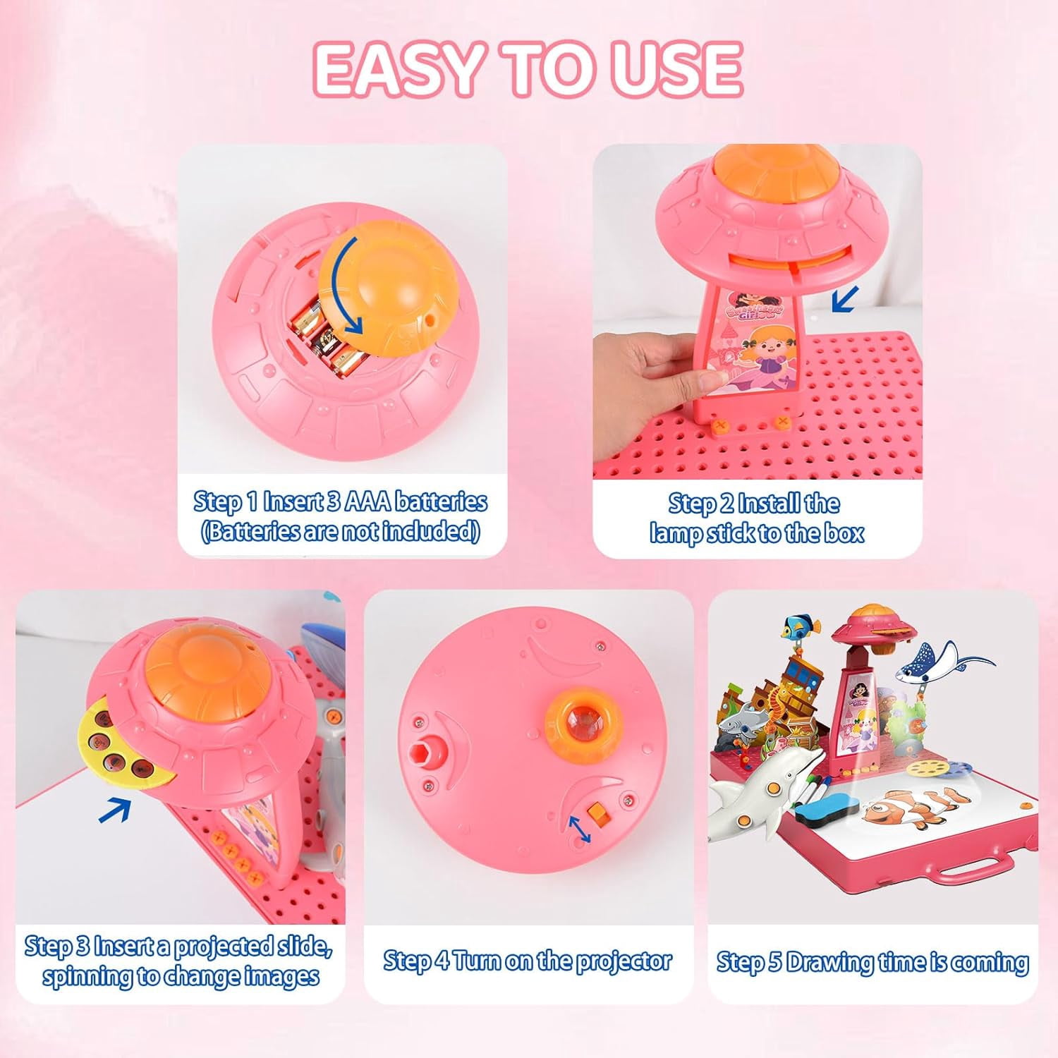 AYAMAYA Drawing Projector for Kids, Art Sketch Projector with 48 Pattern, 6 Color Pens, 4 Doodle Board, Puzzle Cards for Drawing & Tracing, Pinkcing