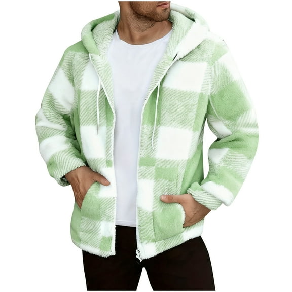 Dovford Fuzzy Sweatshirts for Men Winter Sherpa Fleece Jacket Warm Zipper Hoodie Plaid Oversized Fluffy Hoodie Coat Pockets