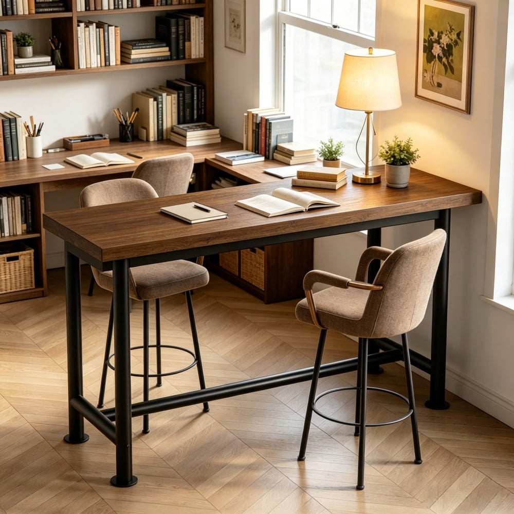 Solid Wood Bar Height Dining Table, Industrial Metal Legs, 66.5 in L