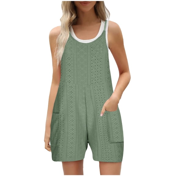 Hvot&aat Womens Summer Eyelets Shorts Rompers Loose Spaghetti Strap Sleeveless Casual Bib Shorts Jumpsuit Overalls with Pockets