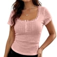 thumbnail image 2 of Women Y2K Short Sleeve Button Up Lace Patchwork Crop Tshirt Tops Slim Fit Scoop Neck Henley Summer Women Tee Pink XS, 2 of 4