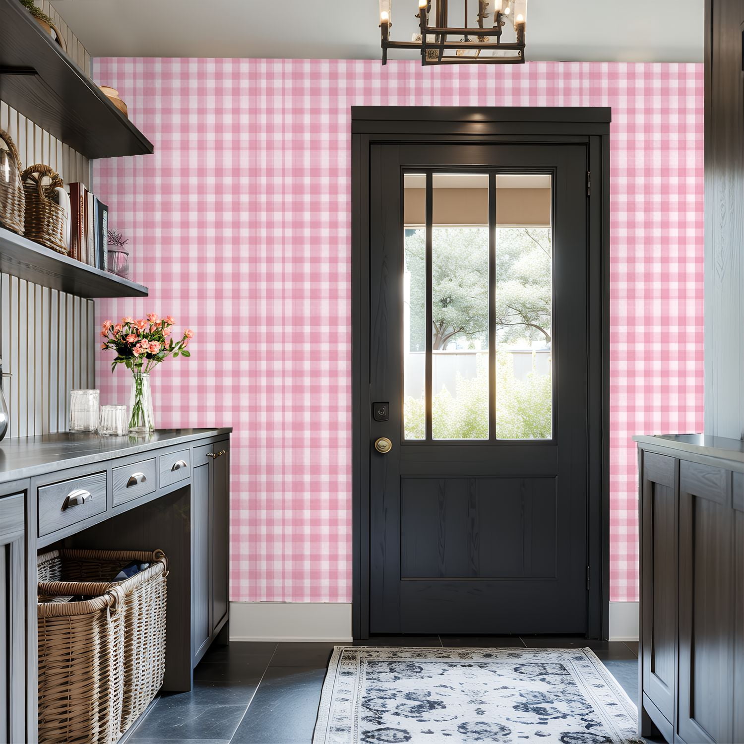 Peel and Stick Wallpaper Pink gingham check seamless Soft romantic checkered Wall Mural 17.7in x 9.8ft Self Adhesive Removable Wall Paper Renter Friendly Wallpaper for Bedroom Bathroom