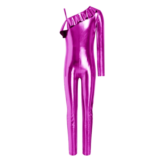 inlzdz Kids Girls Shiny Metallic Unitard Ruffle One Shoulder Full Body Jumpsuit Performance Dancewear Hot Pink 14