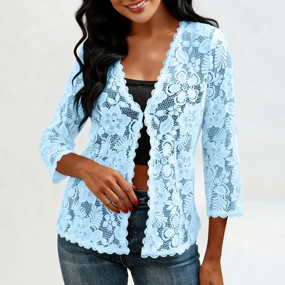 Xuyuer Women's Elegant Long Sleeve Lace Open Front Cardigan - Casual Lightweight Layering Piece for Summer Style