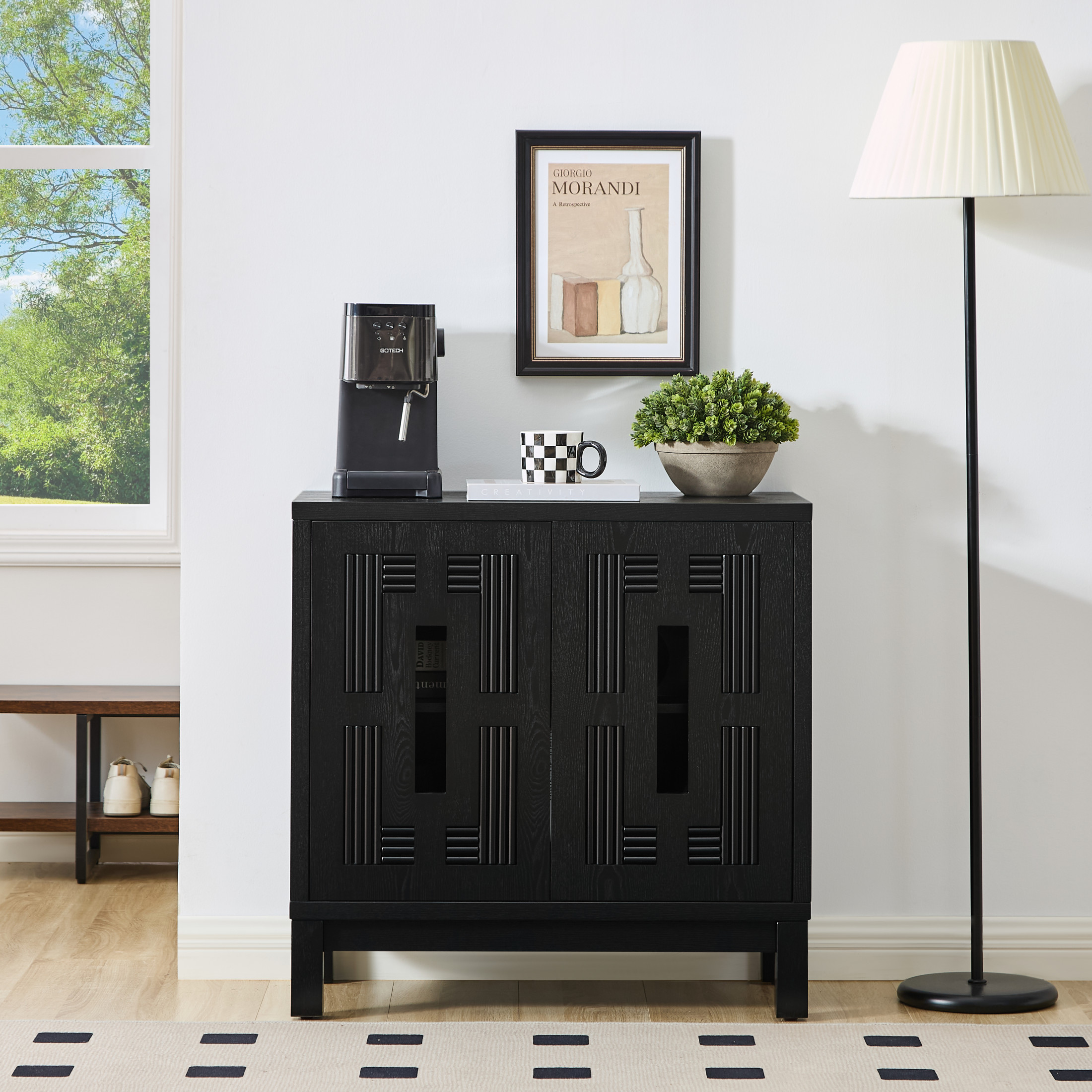 GDF Studio 31.5" Mid Century Modern Sideboard Cabinet with 2 Doors, Adjustable Shelf, Carved Openwork, Black