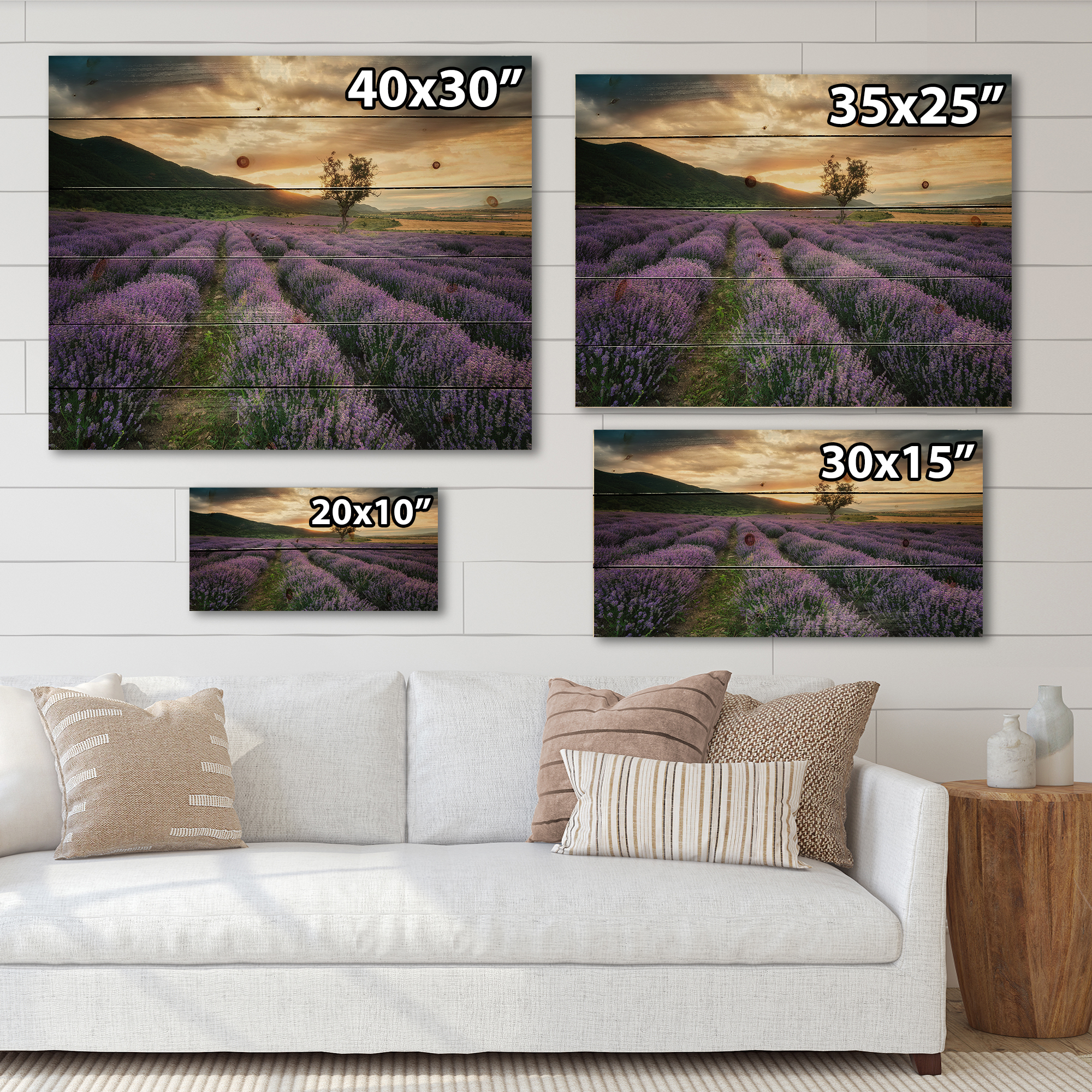 Designart 'Dramatic Clouds and Sunrise Over Lavender Field VII' Farmhouse Print on Natural Pine Wood