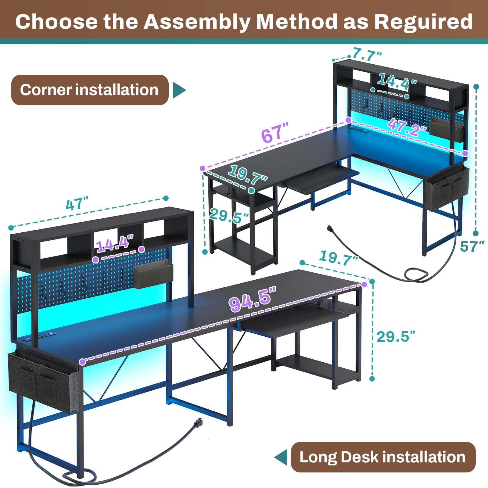 SEDETA L Shaped Gaming Desk, Reversible Corner Computer Desk with Power Outlet, Pegboard, LED Lights, Keyboard Tray & Storage Bag, Black