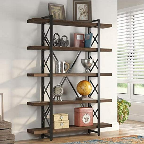 5 Tier Bookcase, Solid Wood 5Shelf Industrial Style Bookcases and Book