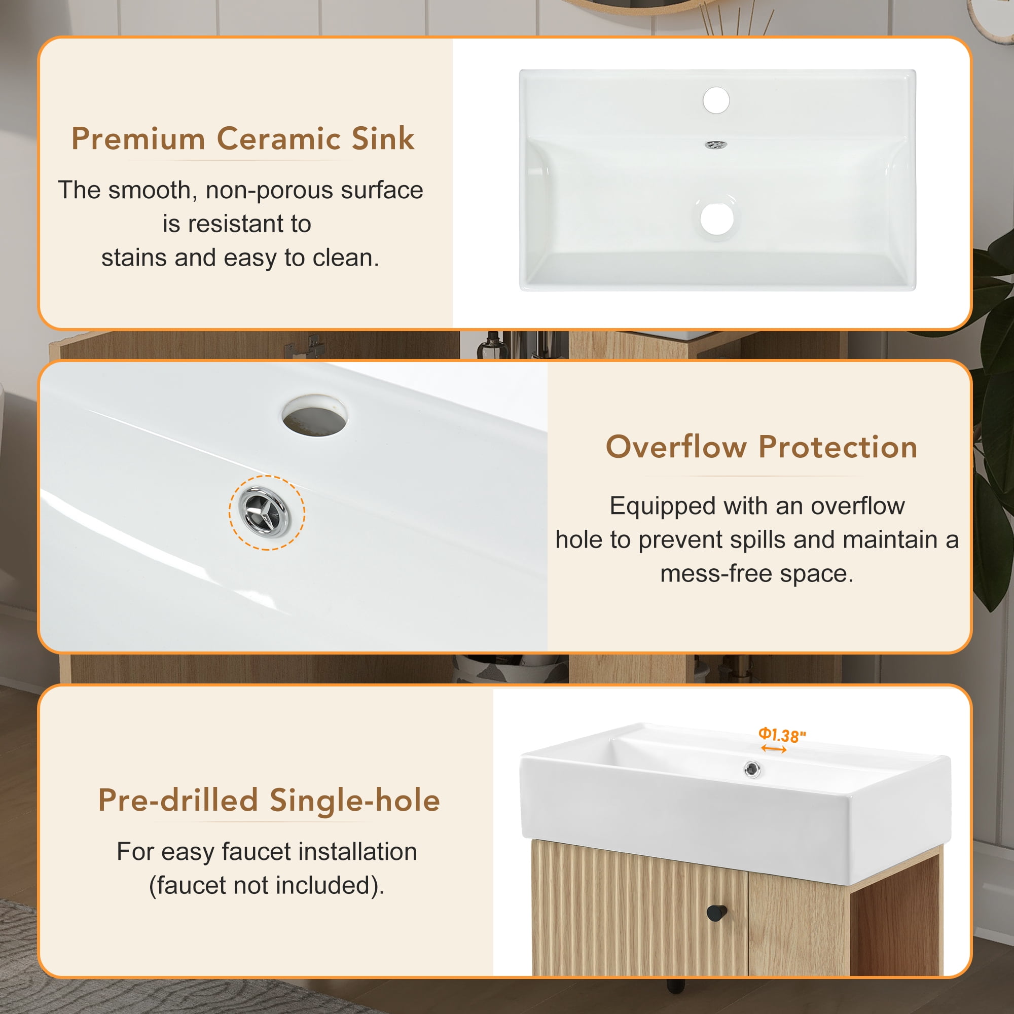 21.6" Floating Bathroom Vanity with Ceramic Basin - Perfect for Small Bathrooms, Right side storage