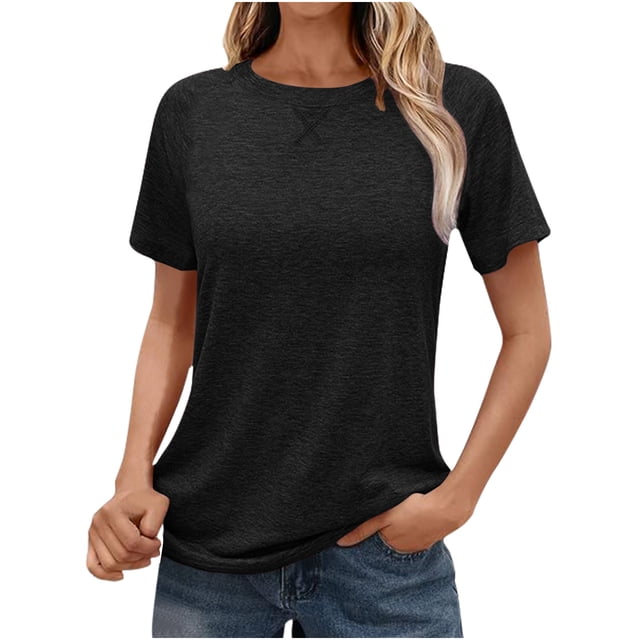 RKSTN Summer Tops for Women Fashion Solid Color Basic Round Neck Short Sleeved Blouses Loose Fit Pullover Versatile Tops