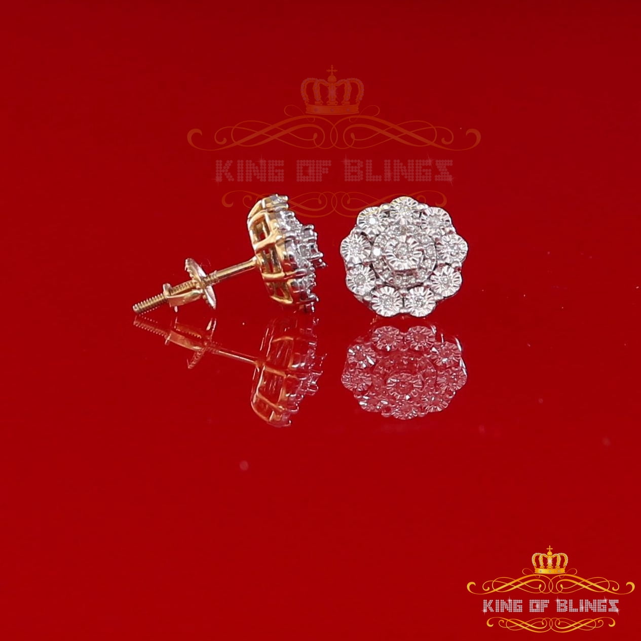 King of Bling's 10K Real Yellow Gold with 0.20CT Diamonds stud Floral Earrings For Women And Men
