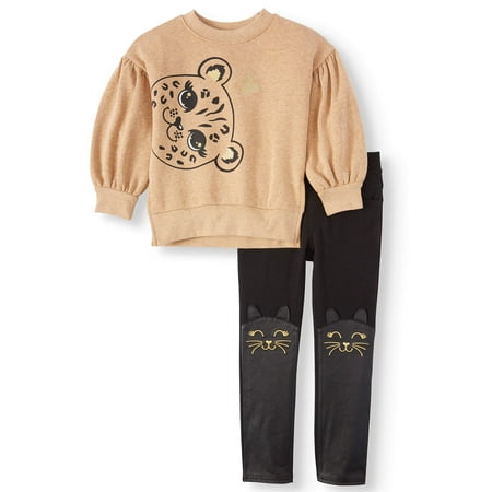365 Kids From Garanimals Puff Sleeve Leopard Sweatshirt & 3D Cat Pants, 2-Piece Outfit Set (Little Girls & Big Girls)
