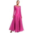 thumbnail image 1 of Alvivi Robes de Danse de Salon à Strass Pailletés pour Femmes Manches Longues en Maille Transparente Robe de Danse Moderne Rose Vif S, 1 of 7