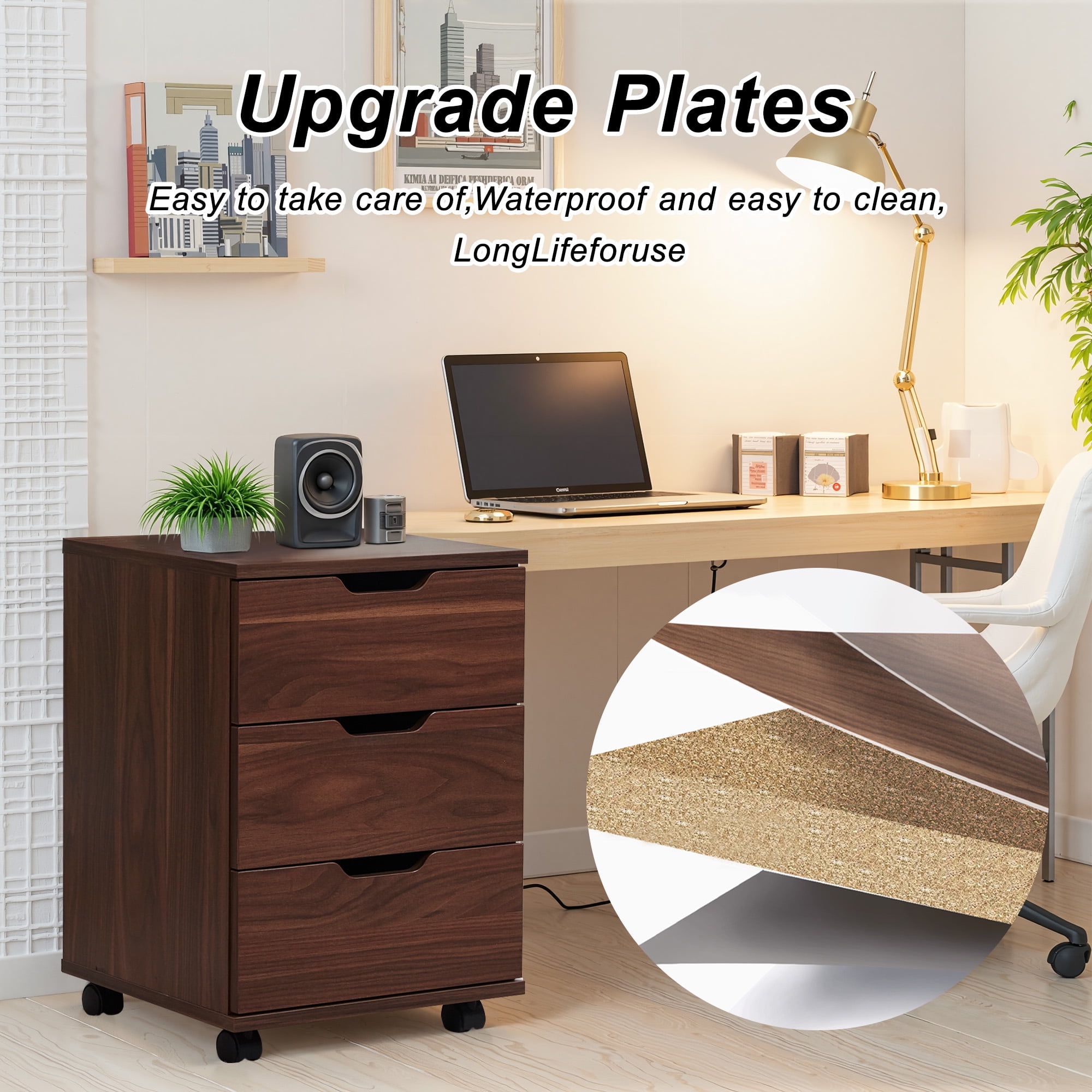 MAYEERTY 3-Drawer Vertical Wood Filing Cabinet with Casters for Home Office, Brown, Non-Assembled