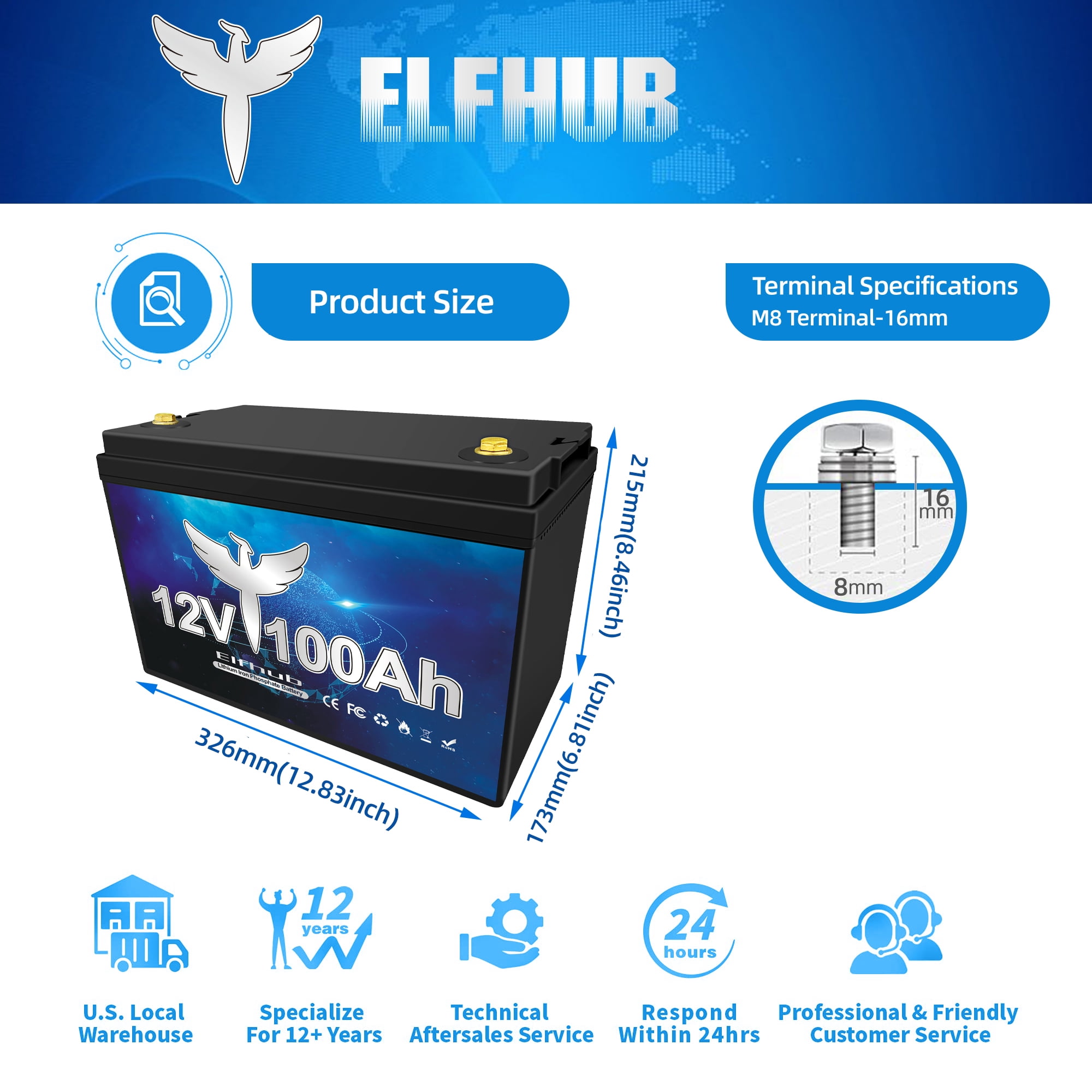 Elfhub LiFePO4 12v 100Ah Bluetooth Lithium Battery