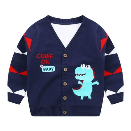 

Baby Boys Girls Long Sleeve Knitted Sweatshirts Cartoon Dinosaur V-Neck Cardigan Sweaters