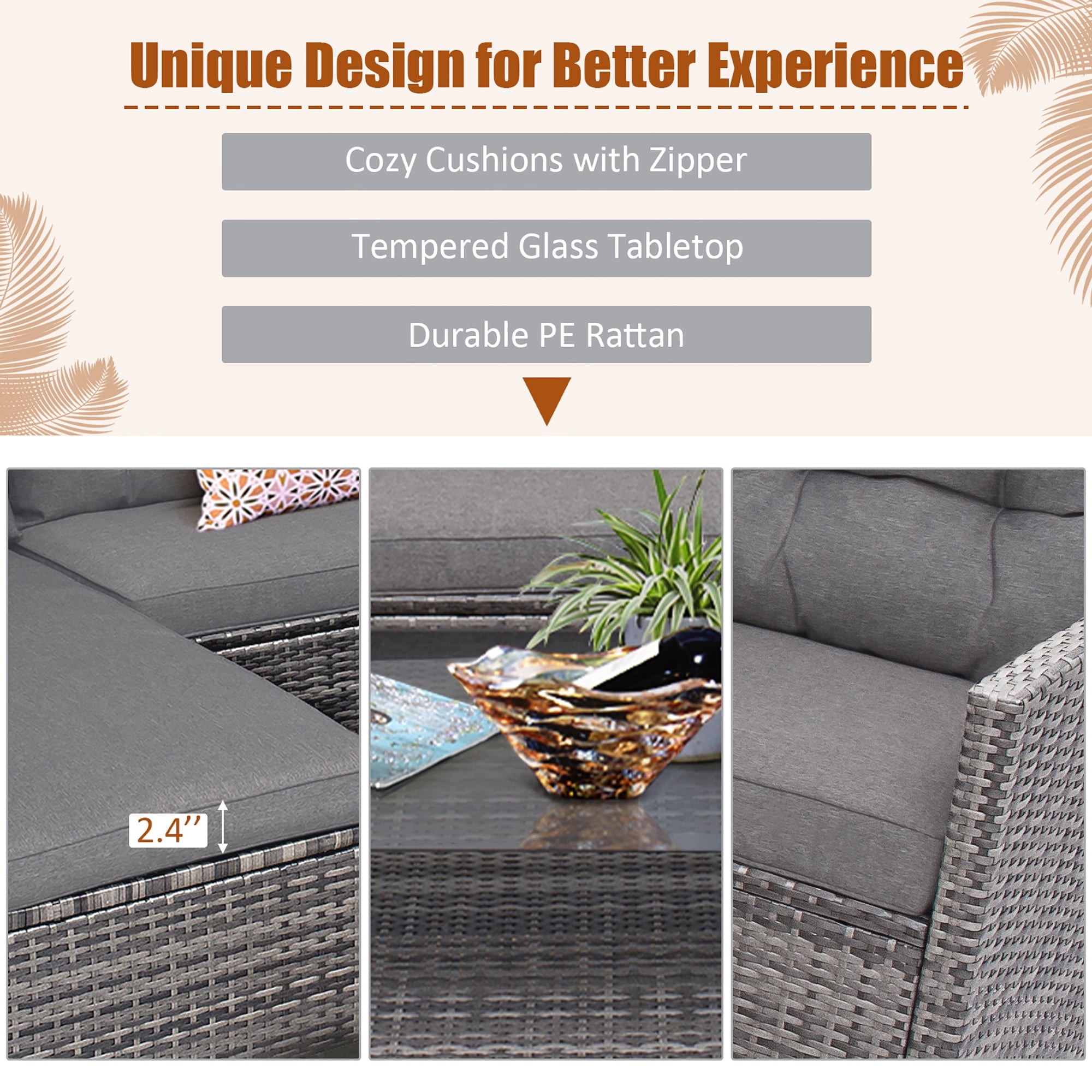 Costway 4PCS Patio Rattan Furniture Set Cushioned Loveseat Table Shelf Gray
