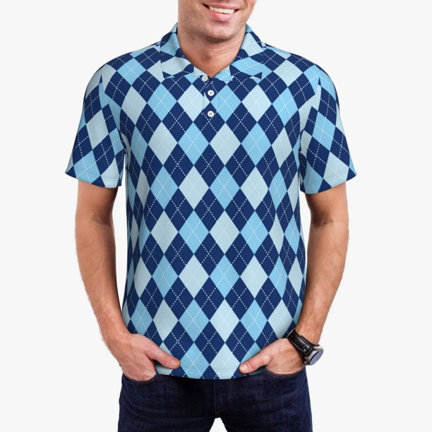 Fotbe Blue Squares Camiseta Polo de Golf para Hombre con Estampado – Camisa Deportiva Transpirable con Cuello Abotonado-Small