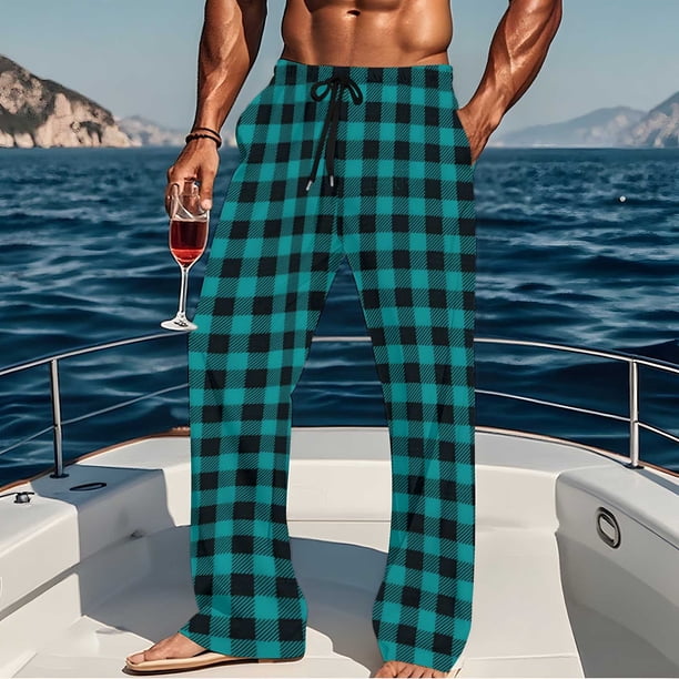 Pantalones de pijama largos para hombre, informales, con estampado a cuadros, holgados, deportivos, elásticos, rectos, vintage, con bolsillos