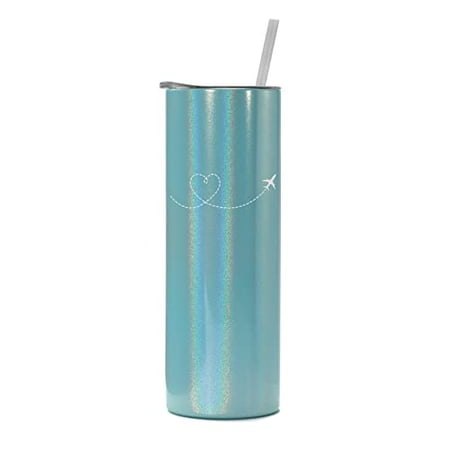 

20 oz Skinny Tall Tumbler Stainless Steel Vacuum Insulated Travel Mug Cup With Straw Heart Love Travel Airplane (Light Blue Iridescent Glitter)