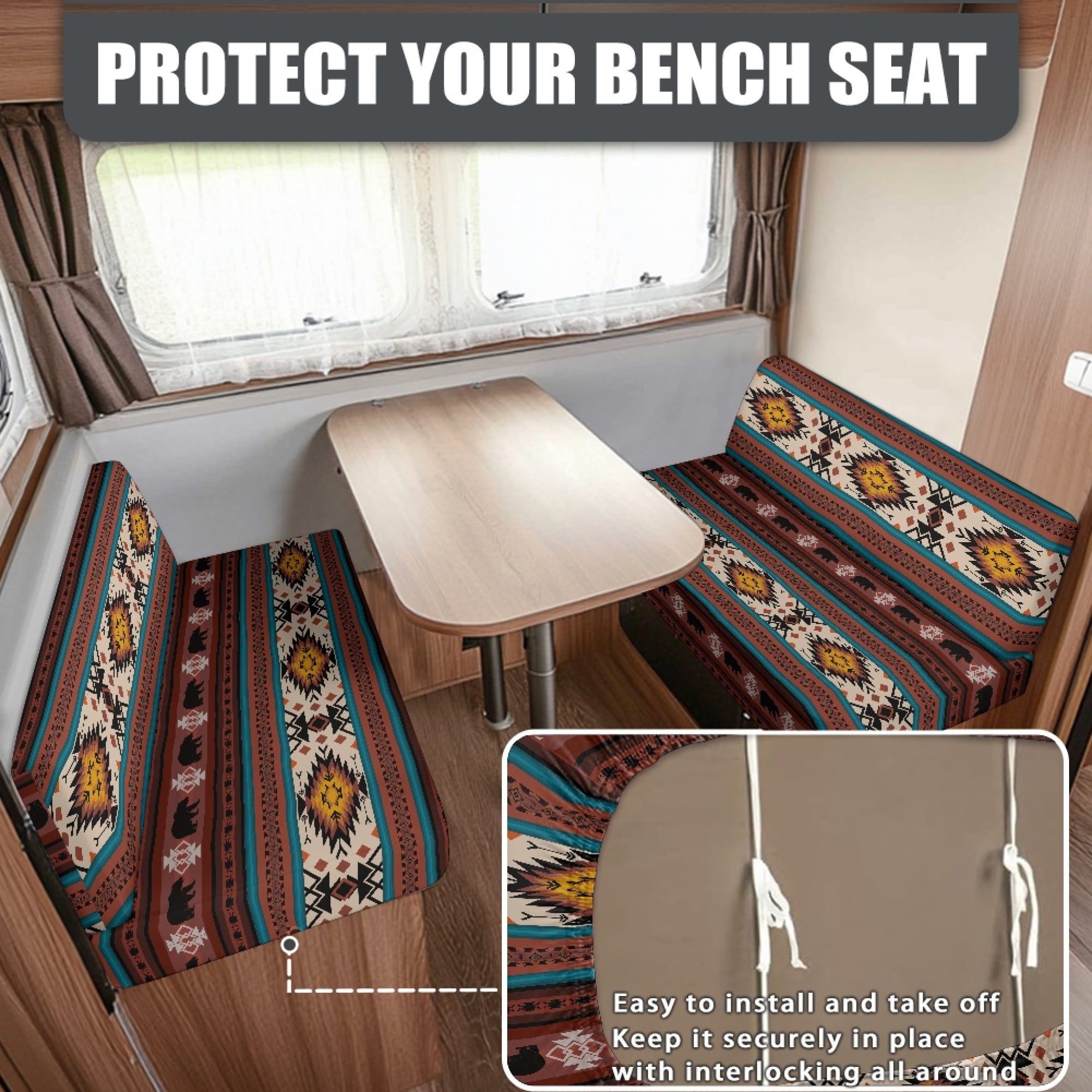 FOR U DESIGNS Bear Amercian Tribal Pattern 2 Pack RV Dinette Cushion Covers Washable Camper Cushion Slipcover Scratch-Resistant Sofa Chair Cover Camper Seat Covers Dinette Booth