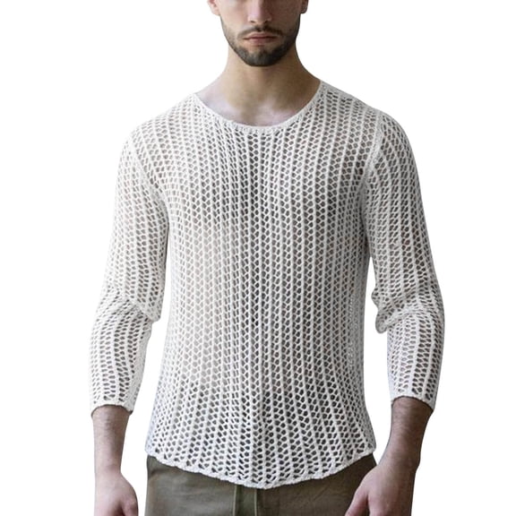 Krdevn Men's Street Trend Woven Solid Color Mesh Knitted Long Sleeve Top,L