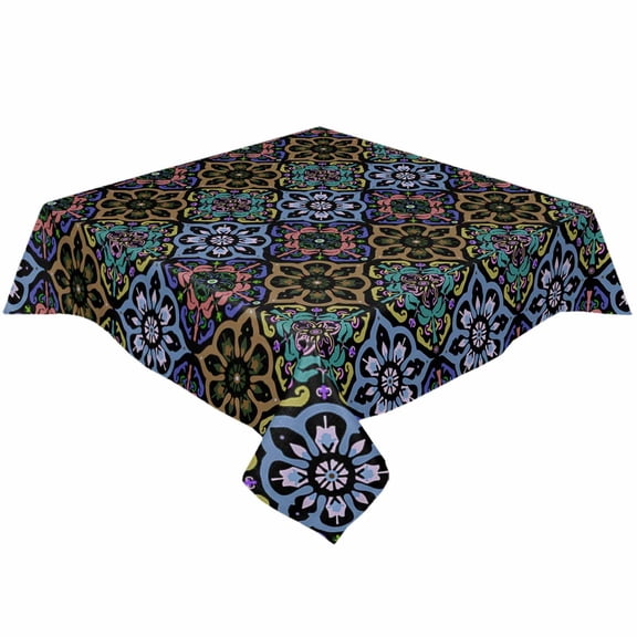 Boho Blue Flowers Square/Round Tablecloths 60x60,Ethnic Original Tribal Style Damask Table Cloth Table Cover Indoor/Outdoor Tabletop Decor for Wedding Holiday Party Dinner Baby Shower