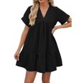 thumbnail image 2 of Summer Dresses for Women 2025 Vacation Short Sleeve V Neck Mini T Shirt Dress Pleated Ruffle Flowy Beach, 2 of 9