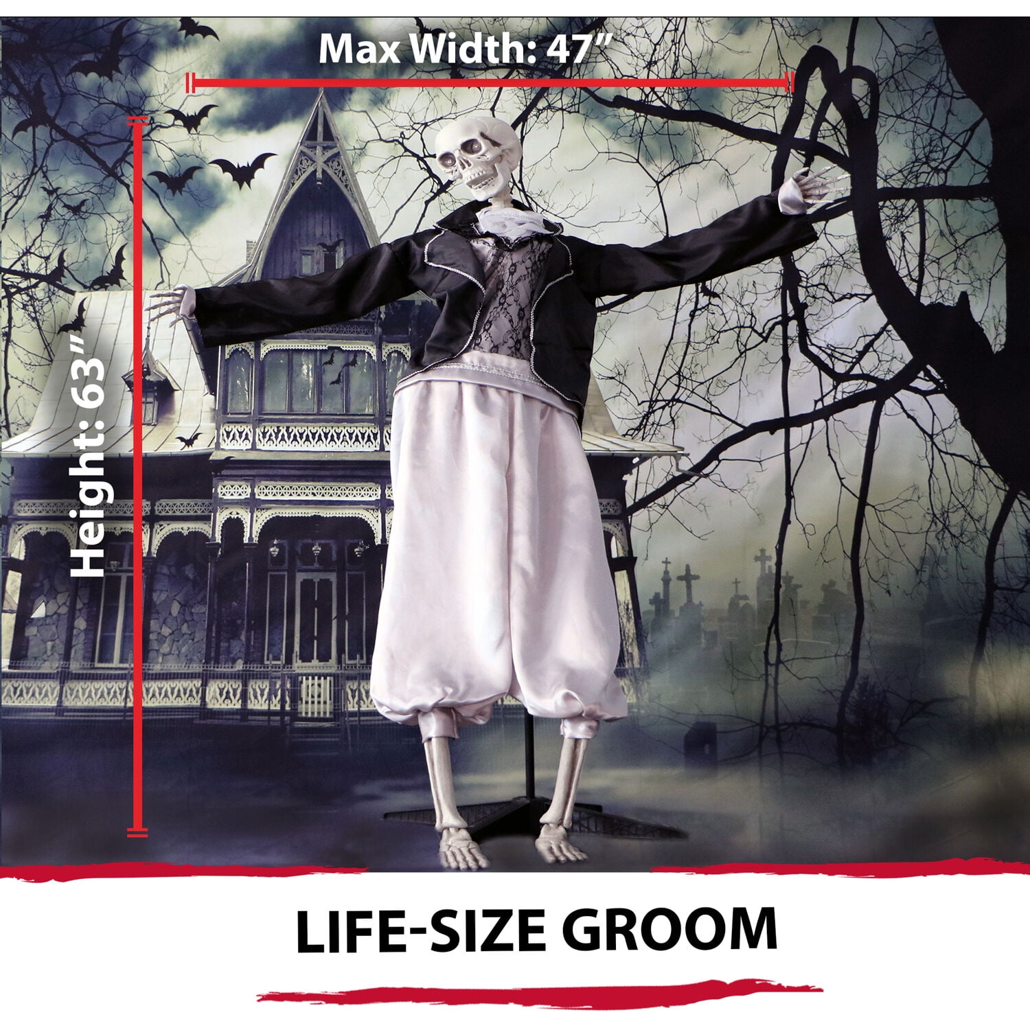 Haunted Hill Farm 5.25 ft Life-Size Skeleton Groom Prop with Lights and Sound, Indoor/Covered Outdoor Halloween Decoration, HHRPR-1FL