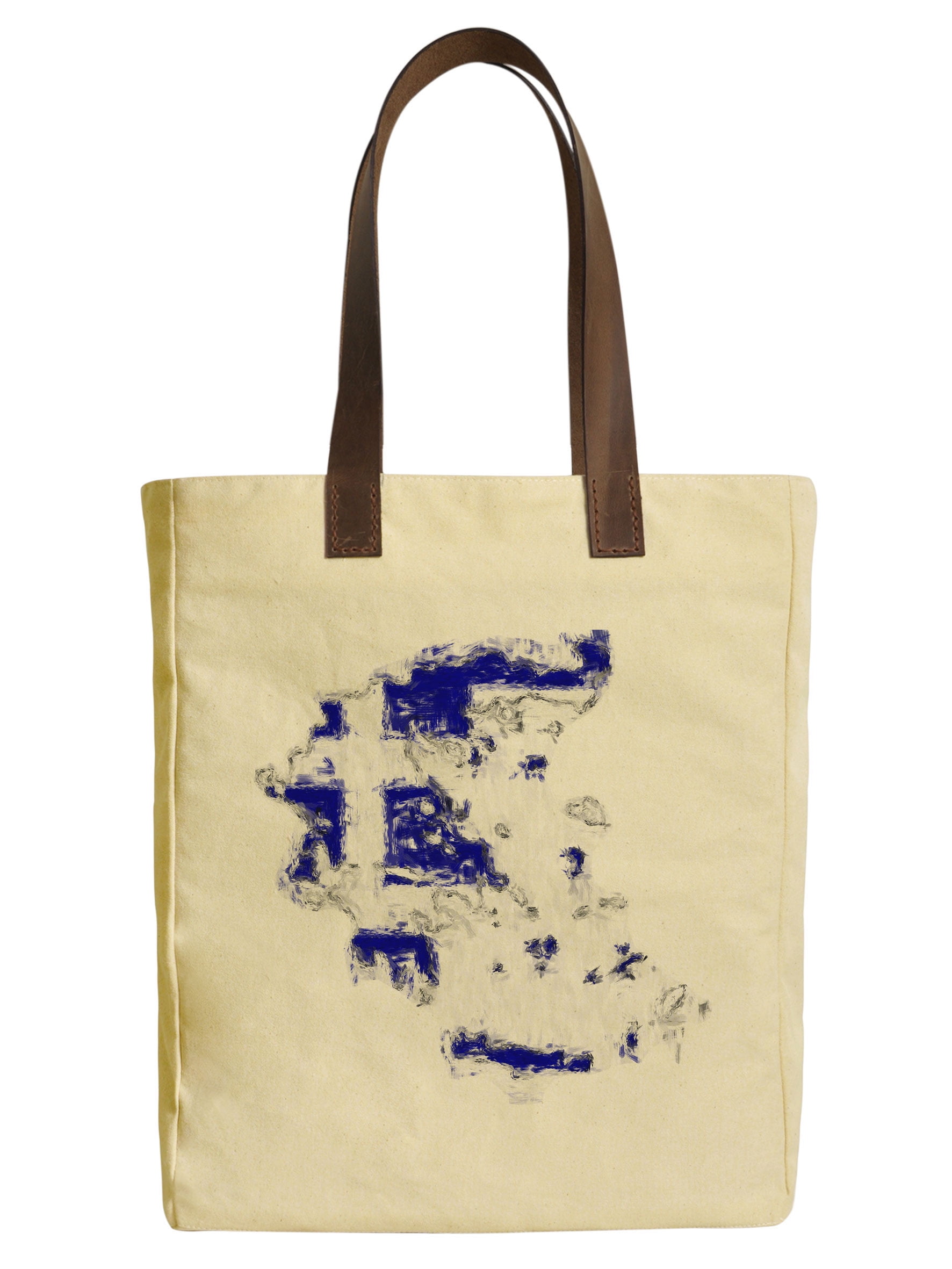 Women Greek Flag Beige Printed Canvas Tote Bags Leather Handles WAS_30