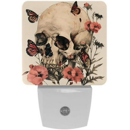 

Vintage Skull Floral Butterflies 2 Pack Night Lights Plug Into Wall Decorative With Auto Dusk-To-Dawn Sensor LED Night Light For Kids Adults Rooms Toilet Hallway Stairs
