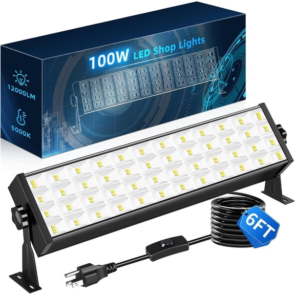 100W LED Shop Light for Garage 12000LM 5000K Daylight Plug in Work Light Bay Lighting Indoor with 6FT Cord & On/Off Switch IP40 180° Adjustable Workshop Workbench Basement Warehouse