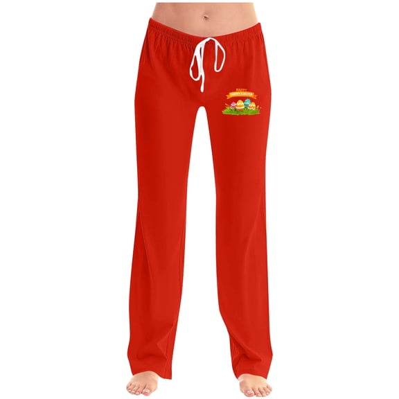 Puntoco Pants for women Ladies' Easter Printed Double Pocket Drawstring Pants Red XL(XL)