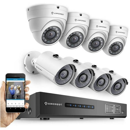 Amcrest Full HD 1080p 8-Channel Video Security System with Eight 1920TVL 2.1MP Weatherproof IP66 Dome and Bullet Cameras, 65' IR LED Night Vision, 3TB HDD, HD Over Analog/BNC and Smartphone View