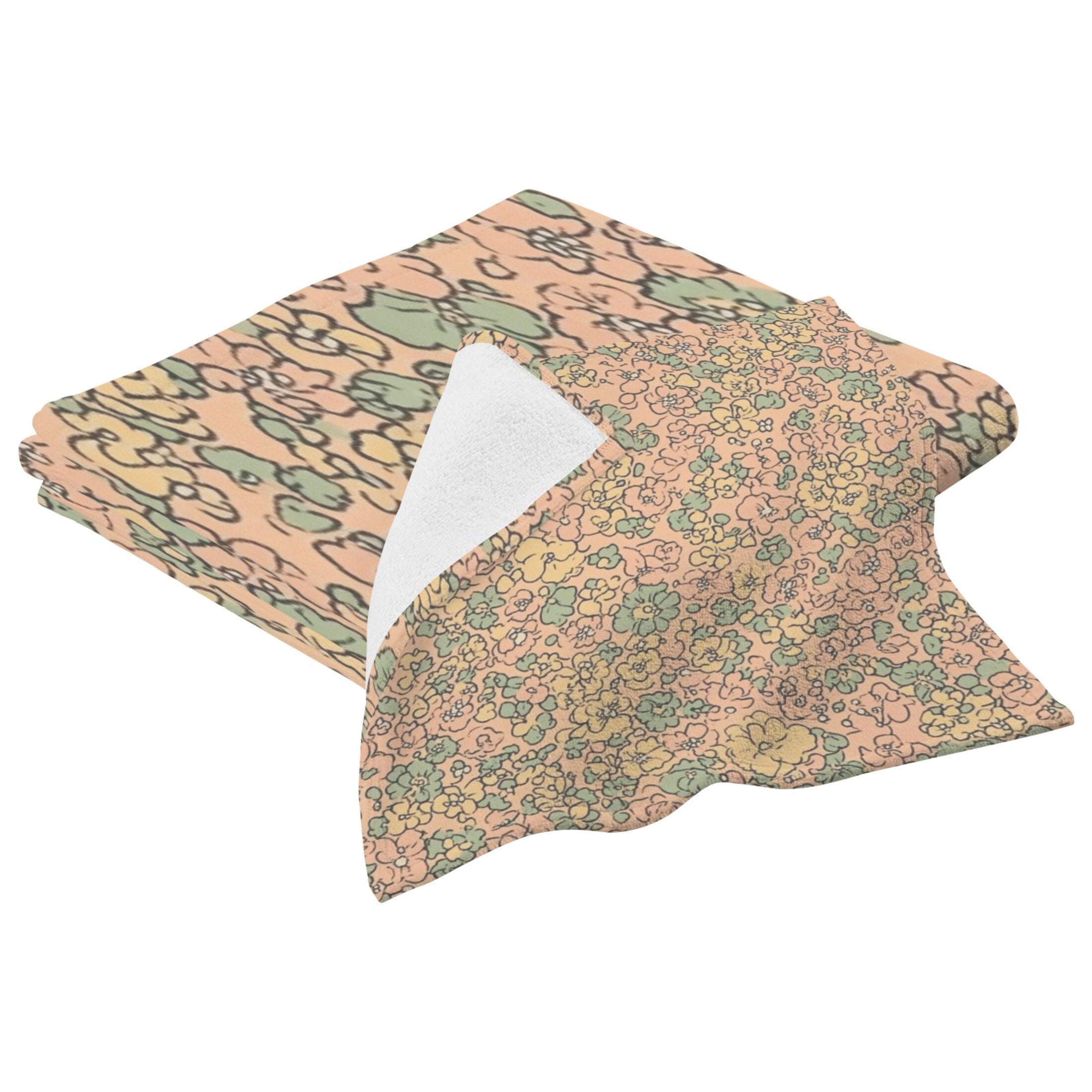 Peach Floral Tapestry 2 Piece Cotton Bath and Face Towel Set Soft and Absorbent, for Beach Pool Bathroom