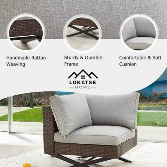 LOKATSE HOME Rattan Corner Sofa X Shape Leg Outdoor Furniture Patio Left-arm Chair with Cushions for Garden, Pool, Backyard, Brown