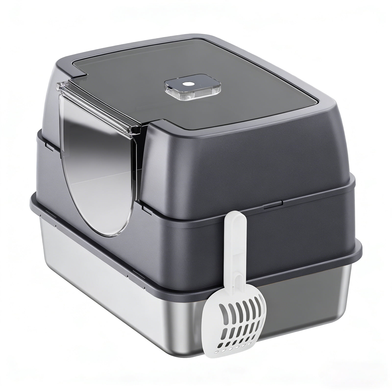 Flip-Top Enclosed Cat Litter Box, Stainless Steel Litter Pan with Plastic Bottom Basin, Activated Carbon Odor Control Splash Proof Dog-Proof Cat Toilet with Litter Scoop and Double-Layer Mat