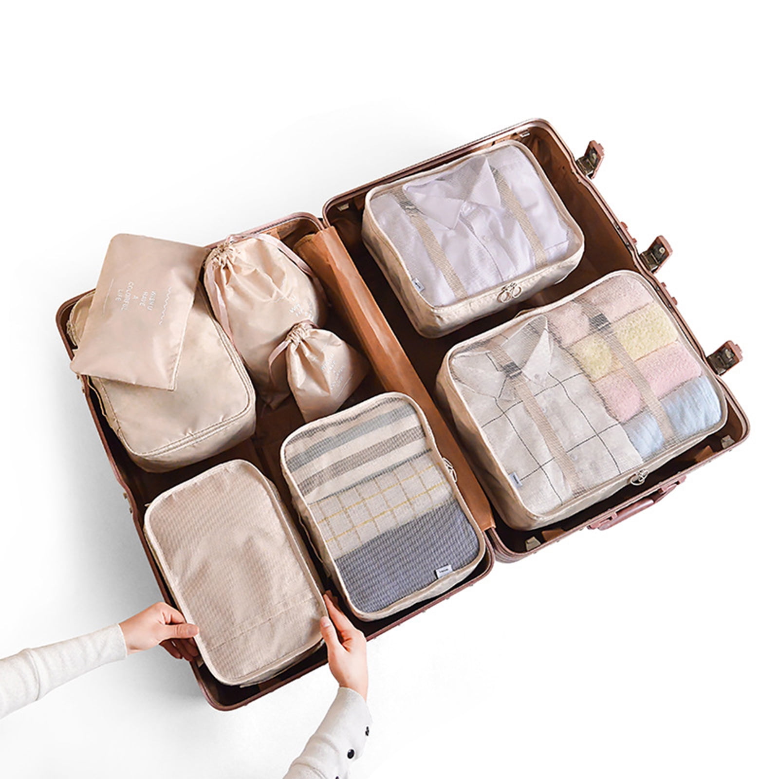 Compression Packing Cubes for Suitcase,CLUCI 4 Set Travel Essentials Organizer Bags for Luggage Travel Accessories, Beige with Brown