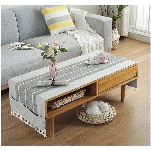 Nappe de Table Basse, Housse de Table Basse avec Poches et Pompon, Coton Lin Imperméable Petite Nappe Rectangulaire Rayée Laveuse Sécheuse Réfrigérateur Housse Anti-Poussière-H-50x145cm(20x57 Pouces)