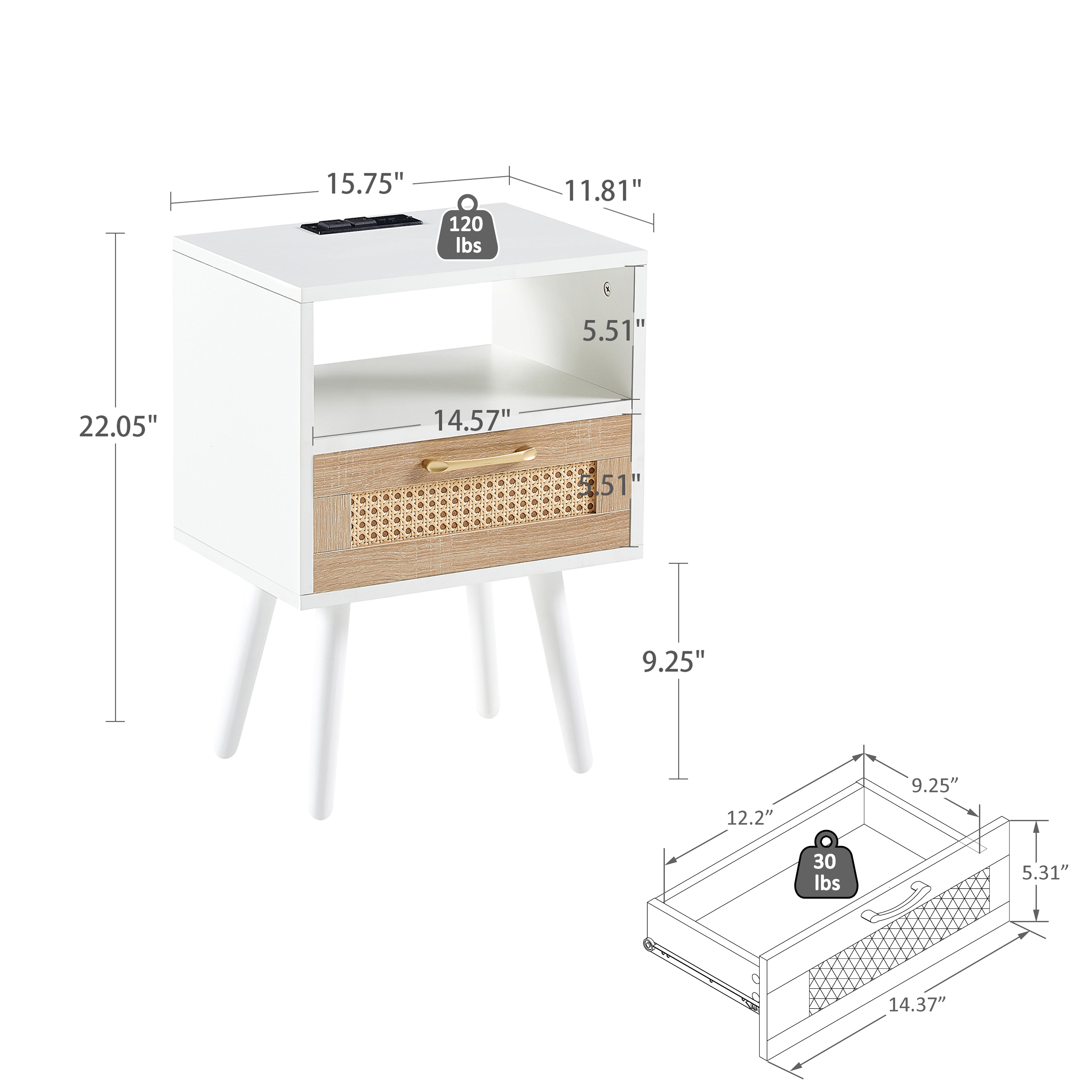 Aukfa Modern Nightstand Rattan End table with Power Outlet,USB Port for Living Room Bedroom,White