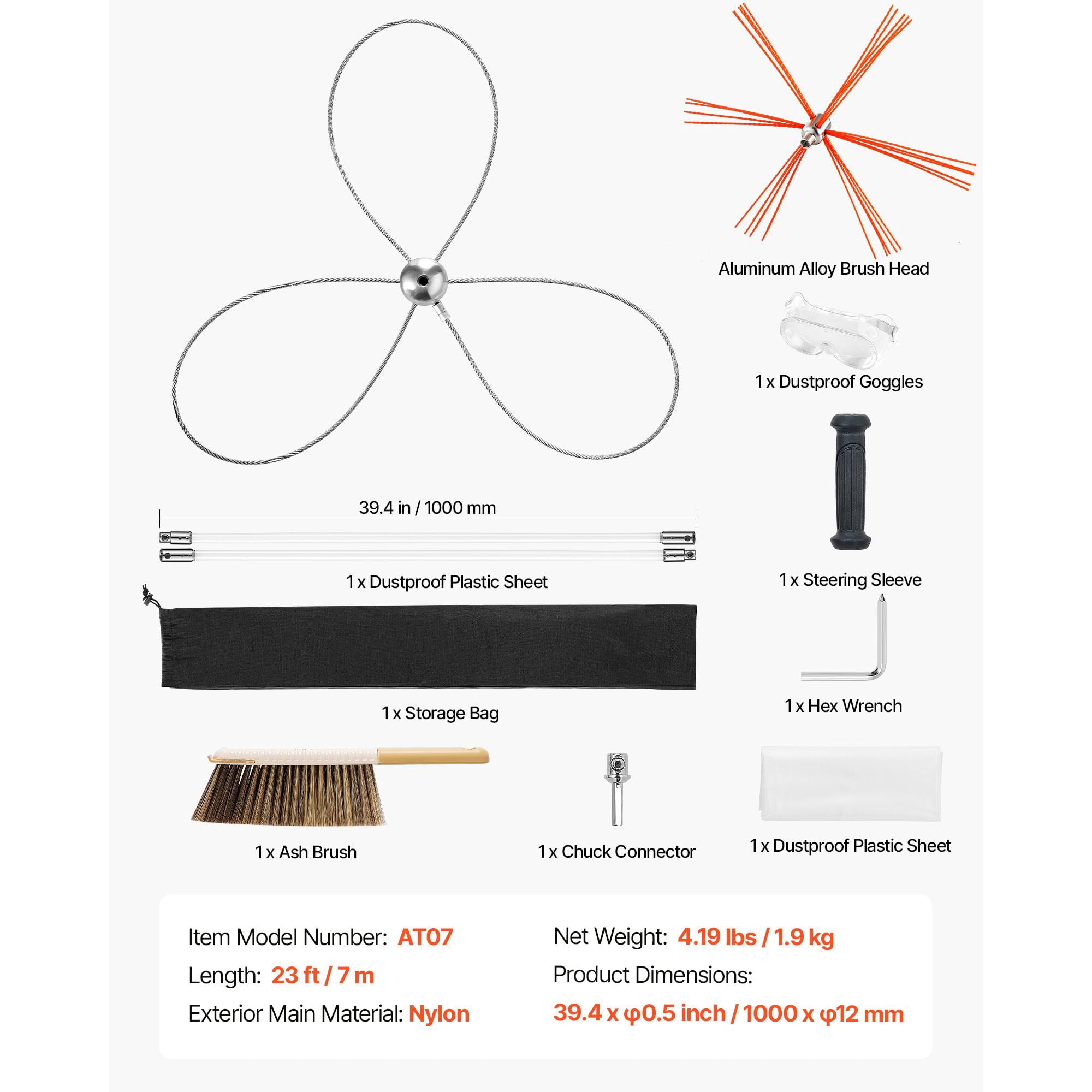 Chimney Sweep Kit, 23 ft Maximum Extendable Length, Dual Brush Head Design, 90° Bendable, for Square, Rectangle & Arch Chimneys, with Brush & Goggles