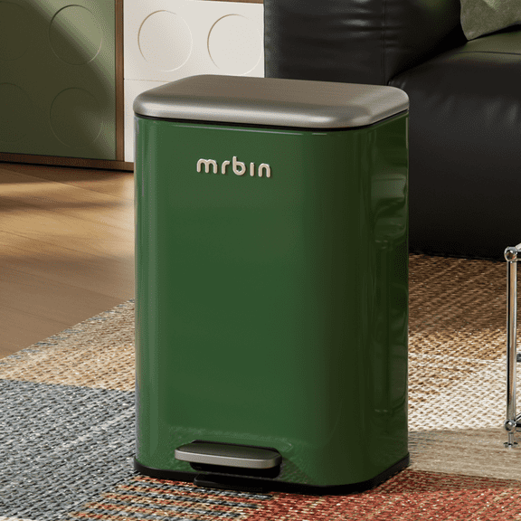 Mrbin Bathroom Trash Can with Lid, Metal Step Kitchen Waste Basket Touchless Soft Close, 20L / 5.2gal Rectangle Garbage Bucket with Stainless Steel Pedal for Office, Bedroom Accessories, Green