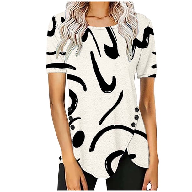 Blusas de Manga Corta para las Mujeres Botón Impreso Cuello Redondo Top Casual, Blusas para las Mujeres Casual