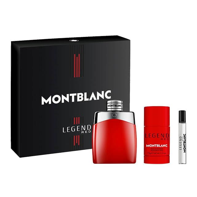 perfume montblanc legend red eau de parfum, 100 ml, juego de 3 piezas con frasco rojo de 3.3 oz (100 ml) con tapa plateada, desodorante en barra rojo de 2.5 oz y spray de viaje de 0.25 oz delante de caja negra con logo Montblanc.