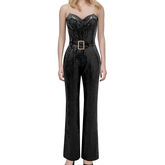 Wdgfv Womens Sequins Jumpsuits Formal Backless Romper Long Pants with Chain Belt and Sparkling Sequins Backless Elegant Pantsuit for Evening Wear Black S