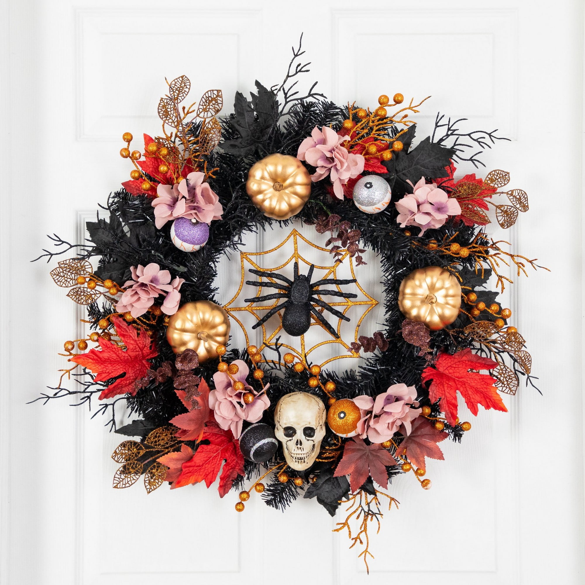 24in. Artificial Halloween Wreath with Skulls, Spiders and Pumpkins